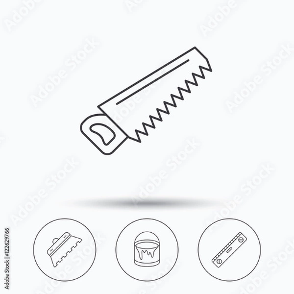Fototapeta Trowel for tile, saw and level measure icons.
