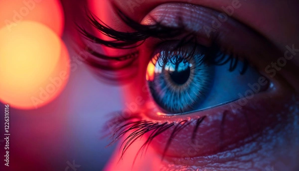 Obraz Closeup of a Vibrant Human Eye Illuminated by Neon Lights with Intense Focus and Detail. 