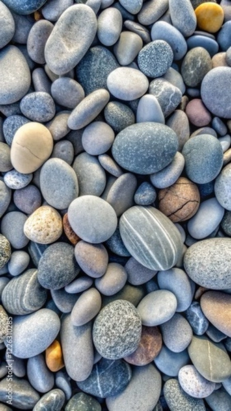 Fototapeta Smooth beach stones create a serene grey pebble landscape under natural light