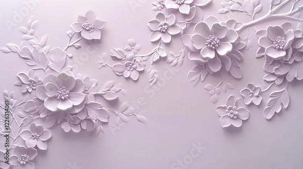 Fototapeta A set of pale lavender porcelain tiles with a delicate embossed floral pattern, set against a soft white solid background