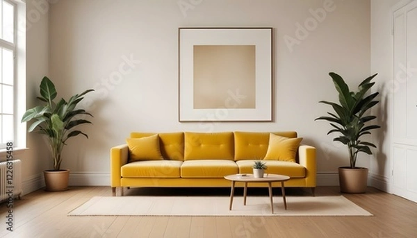 Fototapeta Back of the comfort orange sofa at modern apartment with copy space picture frame for art or painting on wall Living room interior elegant home design with furniture Simple style of el : Generative AI