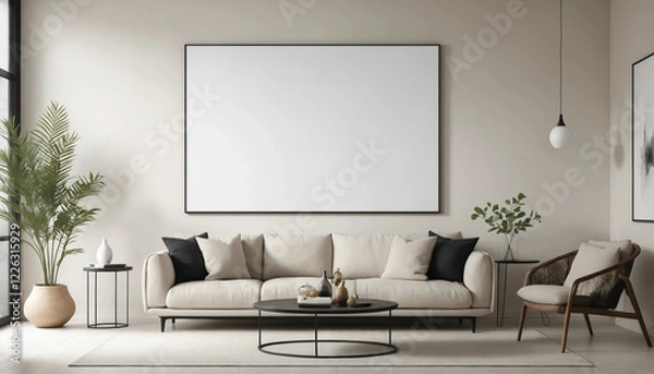 Fototapeta A blank white canvas framed in black, hanging on a beige wall in a modern living room. The canvas is completely empty, creating a minimalist, serene focal point for the space.
