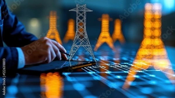 Fototapeta A financial trader using a tablet to track energy stocks, surrounded by digital representations of power grids and energy sources, symbolizing the influence of energy trading on the market