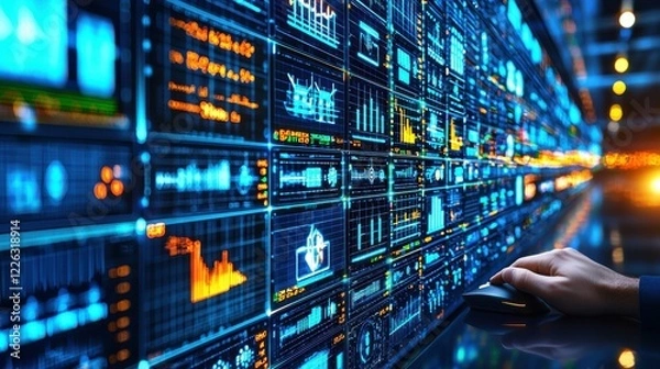Fototapeta A close-up of hands on a computer mouse, trading energy stocks on a digital platform, with power plants and renewable energy icons displayed on the screen