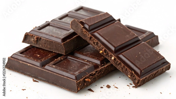 Fototapeta Close-Up of Dark Chocolate Bars with Broken Pieces on White Background