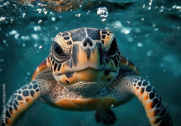 Fototapeta Close-up of a Majestic Sea Turtle Swimming Underwater in a Clear Ocean Environment, Capturing the Beauty of Marine Life and Oceanic Wonders