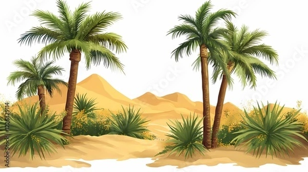 Fototapeta Lush Palm Trees Surrounded by Desert Dunes and Green Vegetation