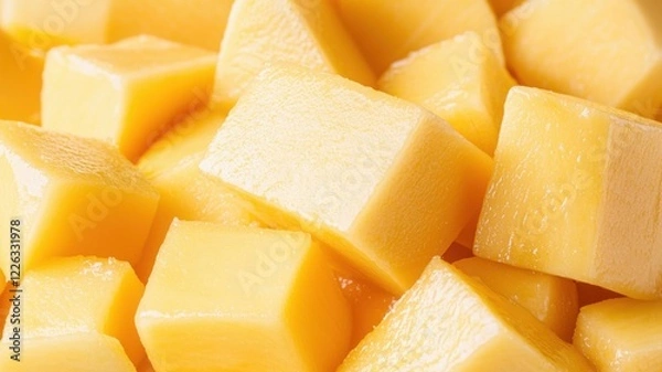 Fototapeta A vibrant close-up of cubed yellow cheese, showcasing its smooth texture and rich color, perfect for snacks, recipes, or cheese platters.