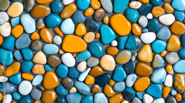 Fototapeta Colorful vibrant pebbles stone pattern texture in turquoise blue orange and white smooth seascape background abstract