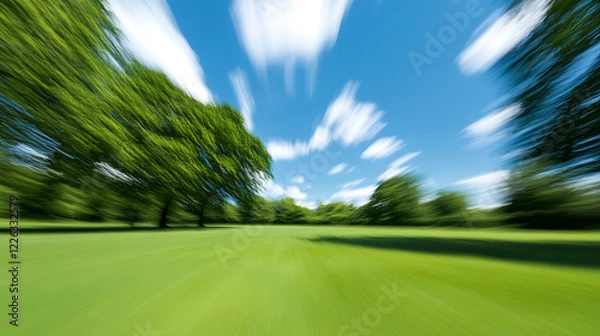 Fototapeta Motion blur green golf course and blue sky on bright summer day with white clouds