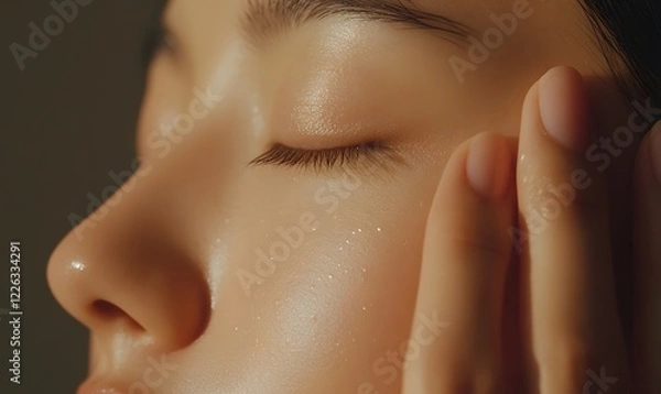 Fototapeta Close-up of a woman's hand applying a lightweight toner on her face, Generative AI