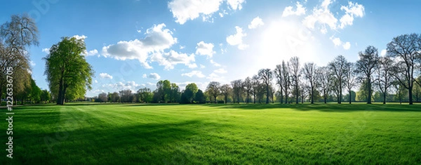 Fototapeta Panoramic green meadow sunny landscape with blue sky and white clouds in springtime nature scenery