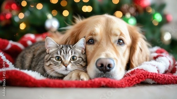 Fototapeta Cat and dog cuddling by Christmas tree. Holiday pet portrait, festive background