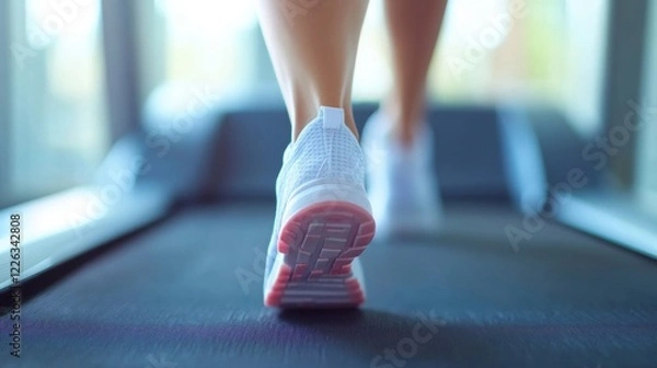 Fototapeta Person enjoys a workout by walking on a treadmill in a bright and modern gym setting, focusing on fitness and health