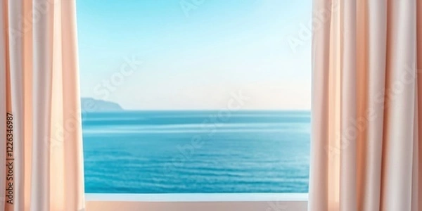 Fototapeta Luxury Travel Concepts. Serene ocean view through elegant window curtains.