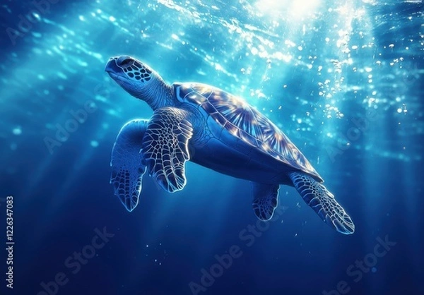 Fototapeta Graceful Sea Turtle Gliding Through Crystal Clear Ocean Waters with Sunlight Streaming Down from Above