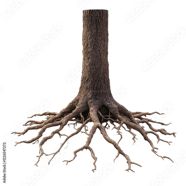 Fototapeta Resilient Roots: The majestic remnants of a tree stand, its sturdy trunk rooted in a web of sprawling roots, conveying a timeless story of growth and endurance.
