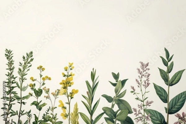 Fototapeta Botanical Illustrations of Various Plants on Light Background
