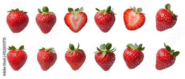 Fototapeta Strawberry Array: A vibrant array of fresh, red strawberries, some whole and some sliced open to reveal their juicy interiors. This delicious composition evokes the sweetness of summer.