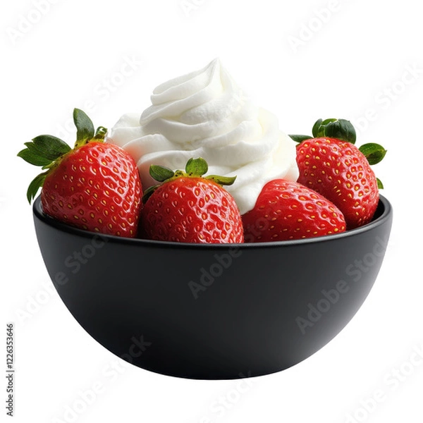 Fototapeta Strawberries with Whipped Cream: Indulge your senses with this delectable image of succulent, ripe strawberries nestled in a black bowl, generously topped with a dollop of fluffy whipped cream.