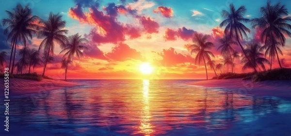 Fototapeta Tropical Sunset Beach Scene with Silhouetted Palm Trees and Ocean Reflections