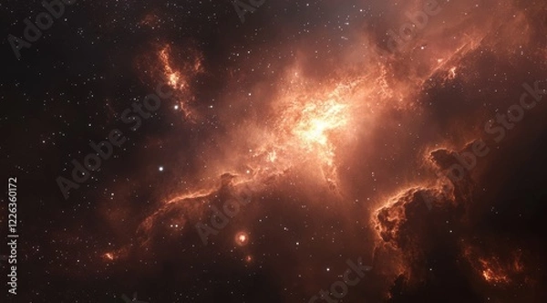 Fototapeta Fiery orange nebula in deep space with stars.