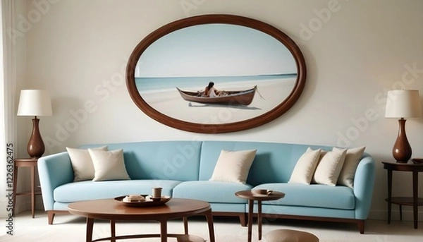 Fototapeta Interior mockup In a white room a blue sofa is placed next to a photo frame on the wall
