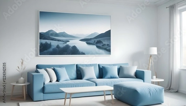 Fototapeta Interior mockup In a white room a blue sofa is placed next to a photo frame on the wall
