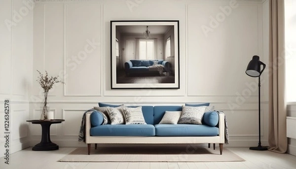 Fototapeta Interior mockup In a white room a blue sofa is placed next to a photo frame on the wall
