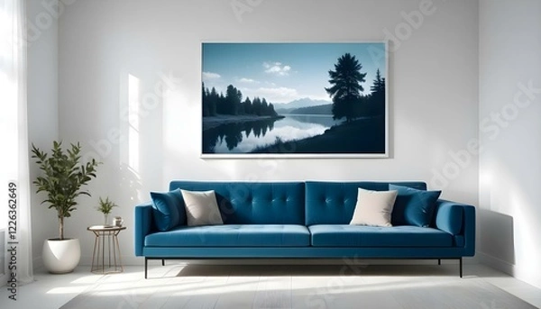 Fototapeta Interior mockup In a white room a blue sofa is placed next to a photo frame on the wall
