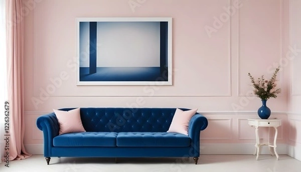 Fototapeta Interior mockup In a white room a blue sofa is placed next to a photo frame on the wall

