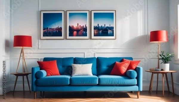 Fototapeta Interior mockup In a white room a blue sofa is placed next to a photo frame on the wall
