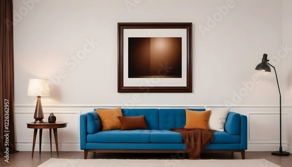 Fototapeta Interior mockup In a white room a blue sofa is placed next to a photo frame on the wall
