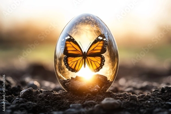 Fototapeta A close-up of a glowing chi egg with a butterfly emerging from it, symbolizing birth, new life, and resurrection.