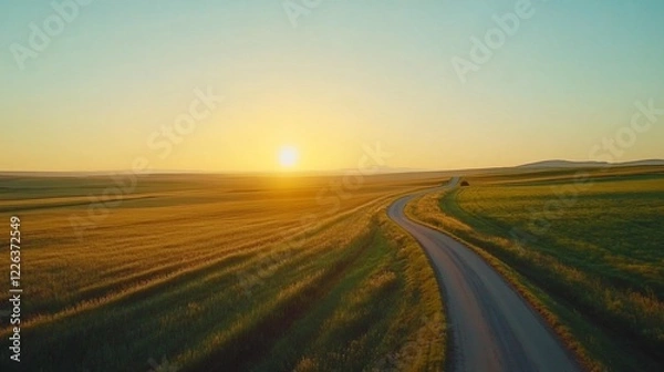Obraz A winding road through golden fields at sunset, leading into the distance with a clear sky