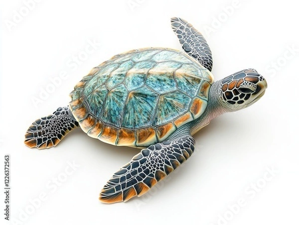 Fototapeta Realistic 3D Illustration of a Colorful Sea Turtle Swimming Gracefully Underwater in a Bright White Background for Creative Projects