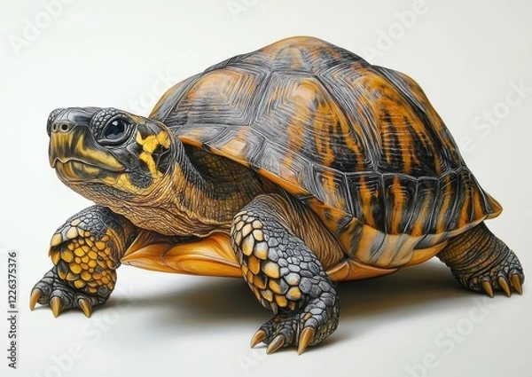 Fototapeta Realistic illustration of a vibrant tortoise showcasing intricate shell patterns and textures on a clean background, highlighting its natural beauty and detail.