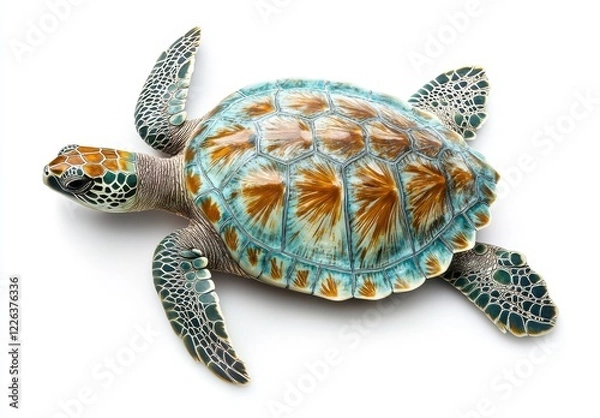 Fototapeta Realistic sea turtle sculpture with intricate details and colorful patterns, showcasing marine life and ocean art for nature enthusiasts and collectors