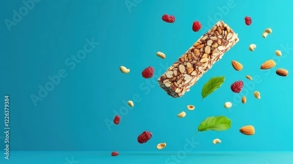 Fototapeta 3D Nut bar surrounded by scattered nuts and fruits.