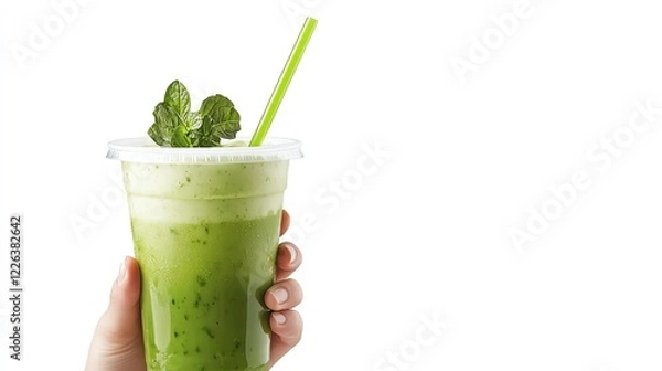 Fototapeta Refreshing green drink served in a clear plastic cup with a straw, garnished with mint leaves, perfect for summer or health enthusiasts.