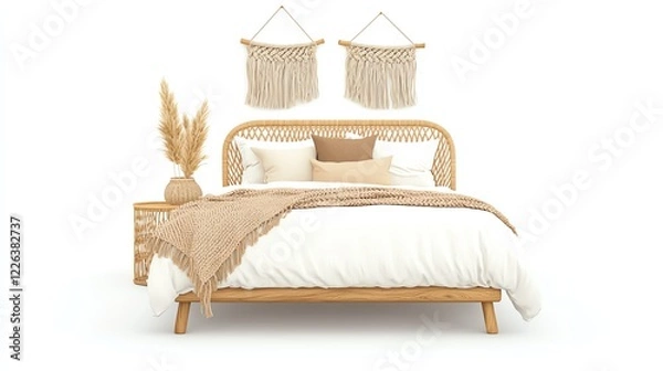 Fototapeta Stylish bedroom decor featuring a rattan bed, neutral-toned bedding, and decorative wall hangings. A cozy and inviting space for relaxation and rest.