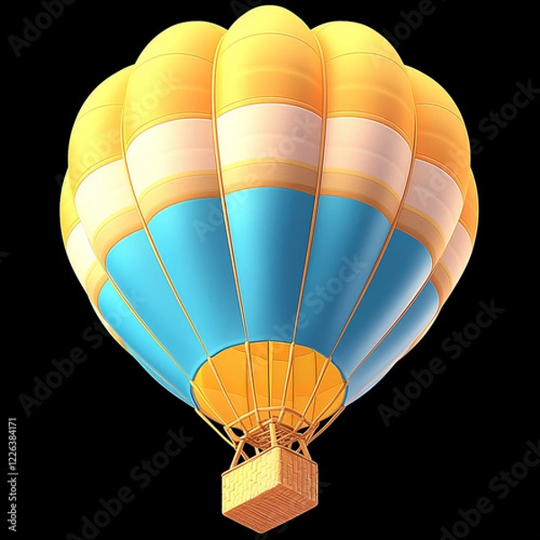 Obraz A hot air balloon in yellow and white colors, cartoon style, 3D rendering