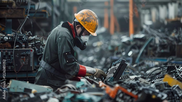 Fototapeta Workers wear helmet and safety suite sorting and processing electronic waste at a recycling factory