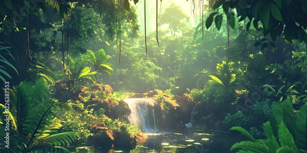 Fototapeta Anime style jungle background, deep rainforest green vibrant backdrop, nature scene cartoon graphics