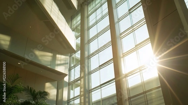Fototapeta Architectural interior with sunlight streaming through large glass windows creating a warm glow