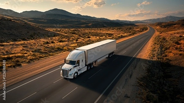 Fototapeta Autonomous vehicle testing concept. A white truck driving along a deserted highway surrounded by mountains and a golden landscape under a blue sky.