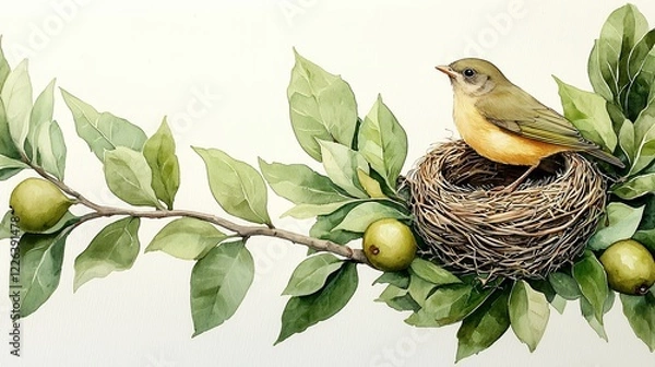 Fototapeta Watercolor painting of a small bird resting on its nest nestled within vibrant green foliage and small fruits on a tree branch