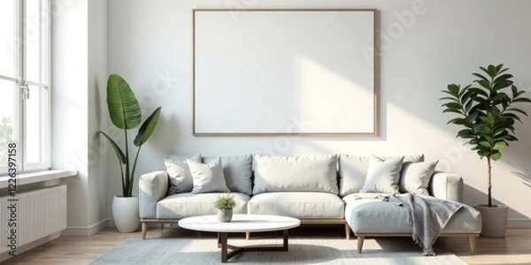 Fototapeta Modern minimalist living room design featuring a light grey sectional sofa, large framed canvas, potted plants, and a round coffee table.