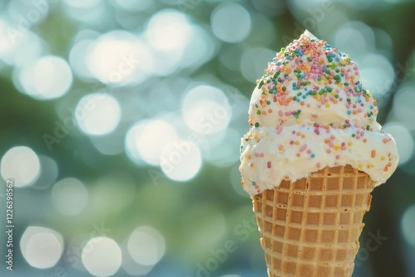Fototapeta Colorful ice cream cone with sprinkles against a blurred outdoor background, evoking summer joy