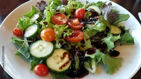 Fototapeta Delicious and Refreshing Green Salad with Cherry Tomatoes and Cucumbers